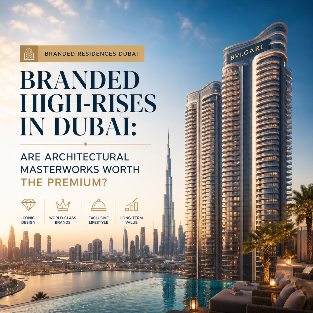 Branded high-rise residences in Dubai overlooking the waterfront skyline, showcasing luxury architecture and premium living.