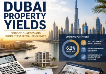 Infographic calculating Dubai property yields with service charges, rental sensitivity charts, skyline views, and an investme