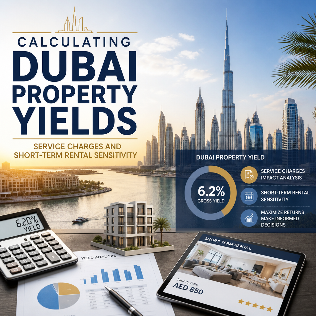 Infographic calculating Dubai property yields with service charges, rental sensitivity charts, skyline views, and an investme