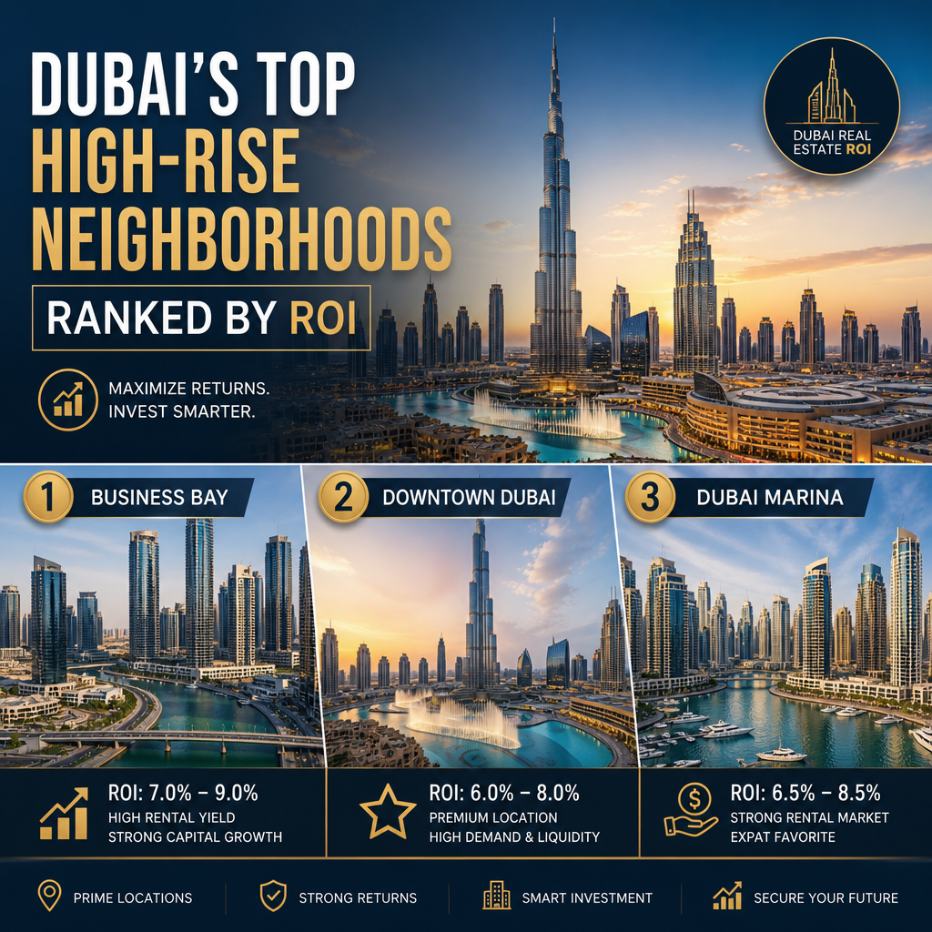 Infographic ranking Business Bay, Downtown Dubai, and Dubai Marina for Dubai real estate ROI.