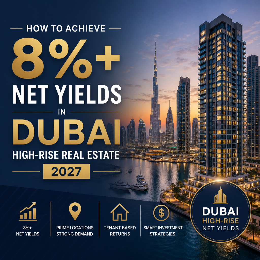 Dubai skyline high-rise investment graphic highlighting strategies to achieve 8%+ net yields by 2027