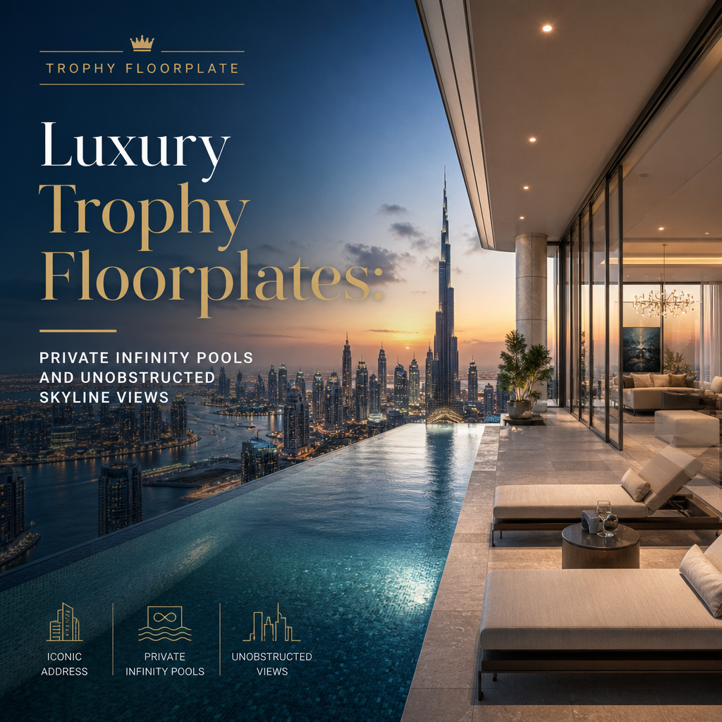 Trophy floorplate rooftop infinity pool with lounge seating and unobstructed city skyline views at sunset
