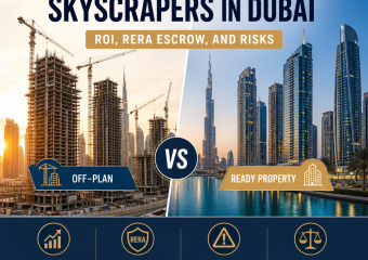 Infographic comparing off-plan vs ready skyscraper investments in Dubai, including ROI, RERA escrow, rental income, and risks
