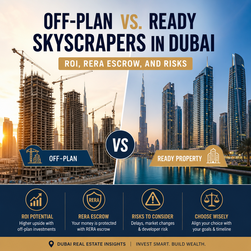 Infographic comparing off-plan vs ready skyscraper investments in Dubai, including ROI, RERA escrow, rental income, and risks