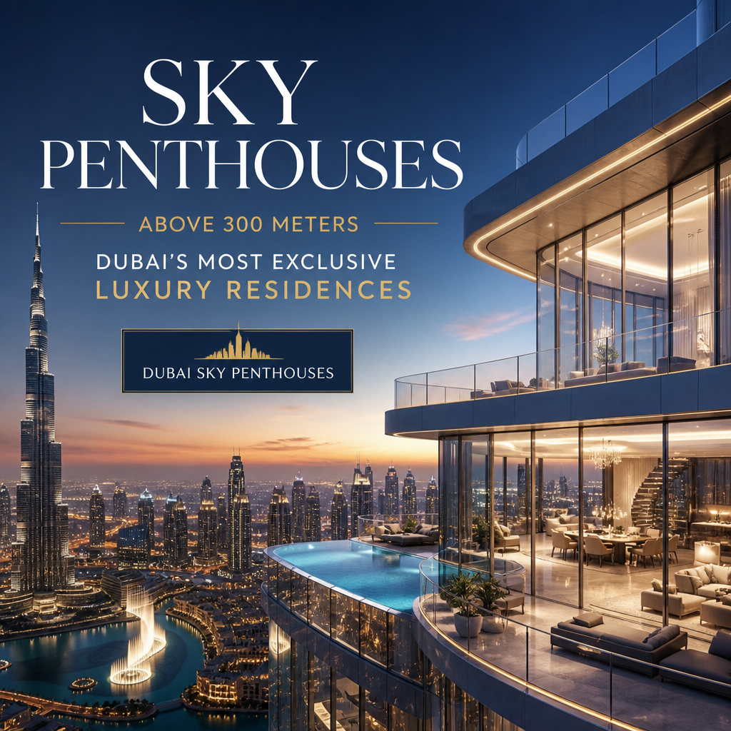 Luxury Dubai sky penthouse with rooftop infinity pool overlooking the Burj Khalifa skyline at sunset.