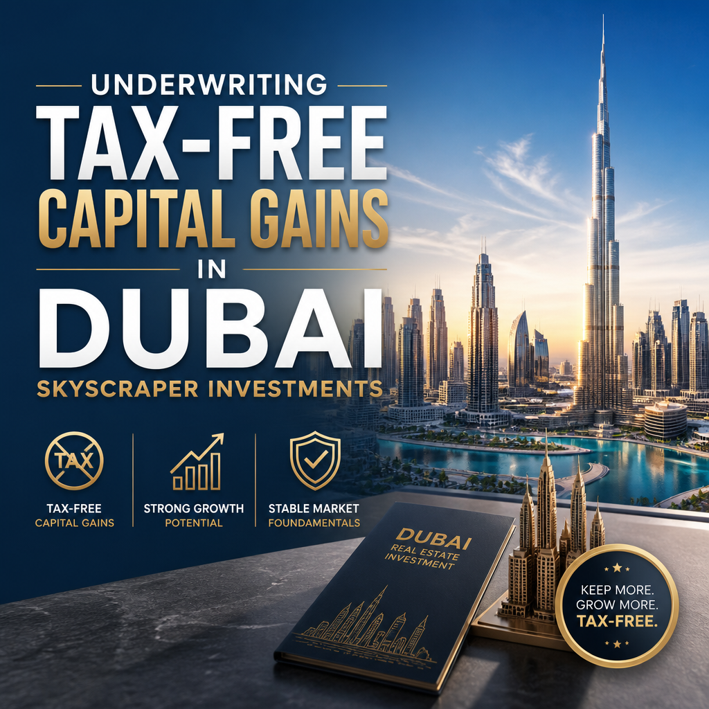 Dubai skyscraper skyline illustrating tax-free capital gains and investment opportunities.