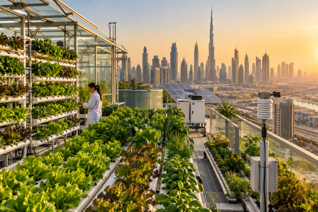 A rooftop hydroponic farm with a worker among leafy greens, solar panels, and Dubai’s skyline at sunset
