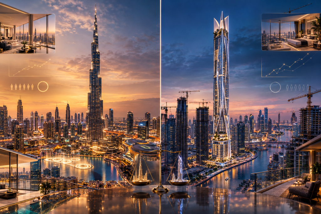 Composite visualization of Dubai luxury real estate, featuring city skylines, high-rise interiors, investment graphs, and balance scales